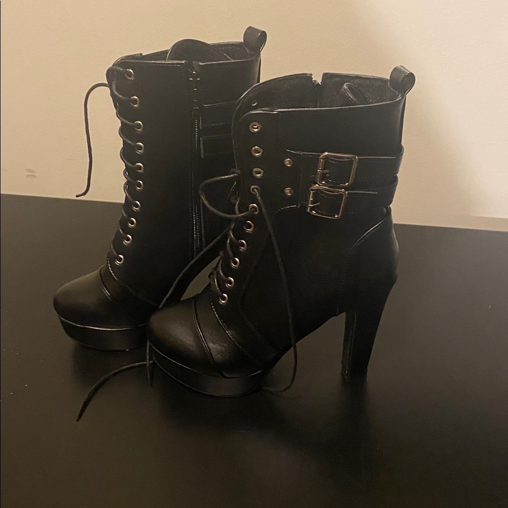 Women's Black Lace-Up Platform Heel Ankle Boots with Buckle Detail